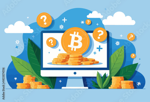 Bitcoin Cryptocurrency Questions on Monitor with Gold Coins