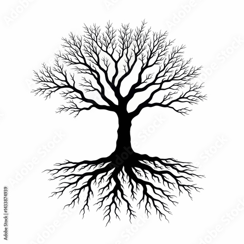 Black silhouette of a bare tree with roots on white