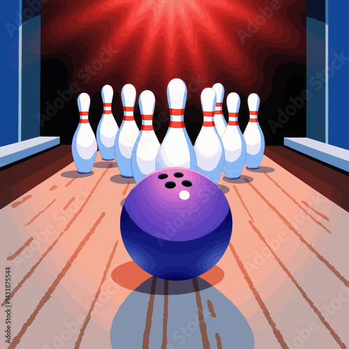 Bowling ball and pins on lane with red spotlight