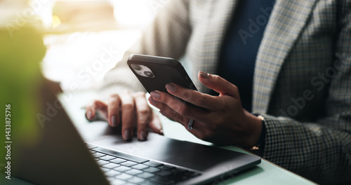 Obraz na płótnie Hands, business and woman with laptop, cellphone and contact with creativity, communication and internet. Digital app, person or employee in workplace, pc or smartphone with seo or email for feedback w salonie