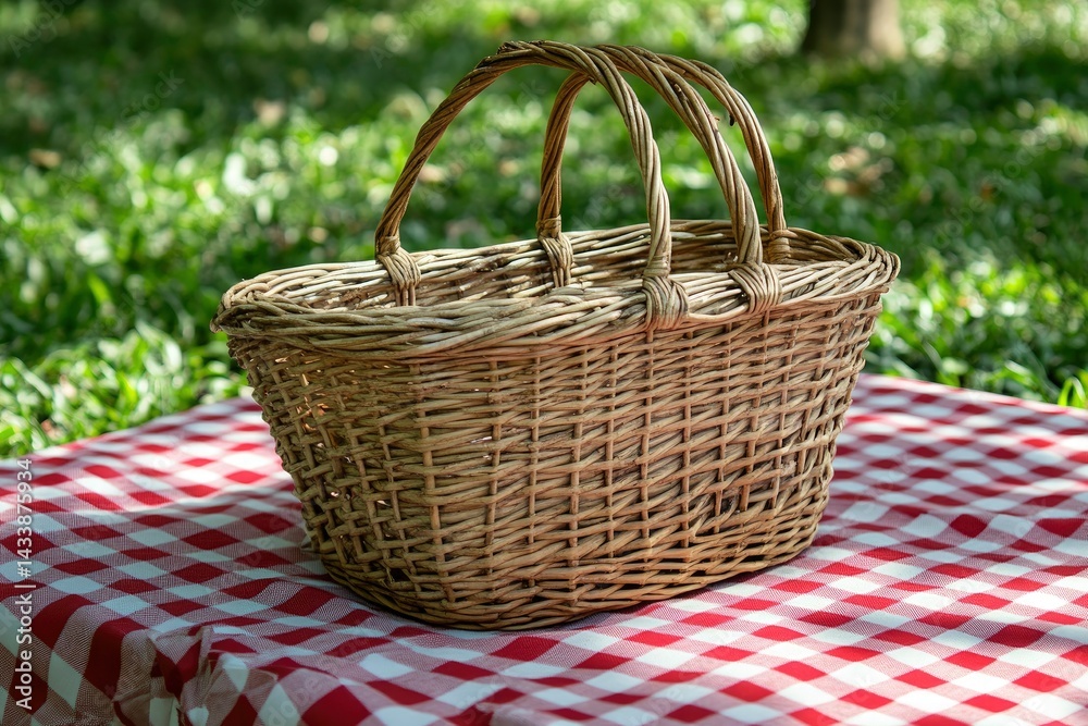 Wicker Basket on Red and White Checkered Blanket Wicker Basket on Red and White Checkered Blanket
