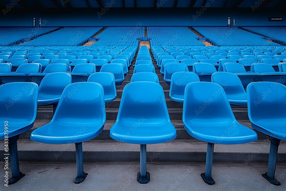 Naklejka premium Rows of empty blue seats in a large stadium interior view
