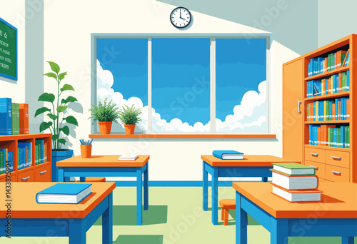 Bright Classroom with Books, Desks, and Blue Sky View