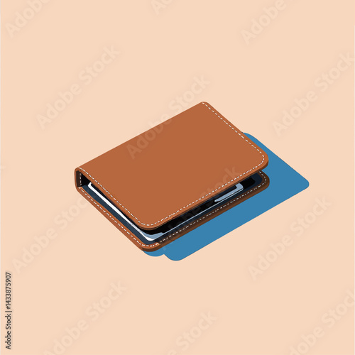 Brown leather wallet with cards, blue shadow on beige