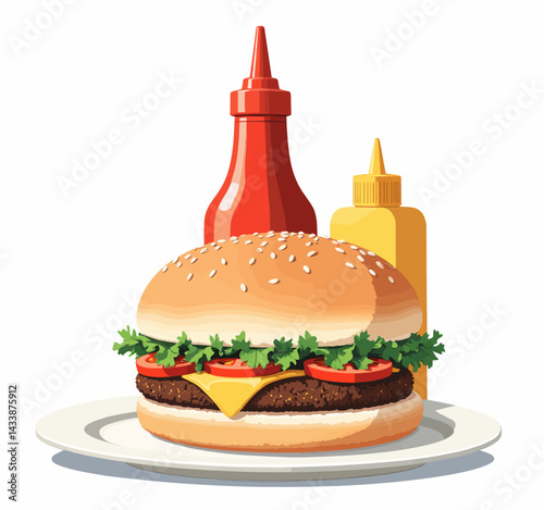 Burger with Ketchup, Mustard on Plate