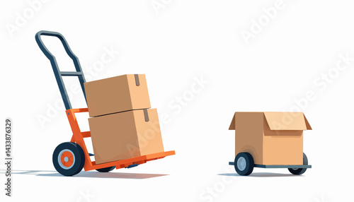 Cartoon boxes on orange hand truck and dolly on white