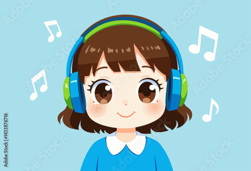 Cartoon girl with headphones listening to music notes