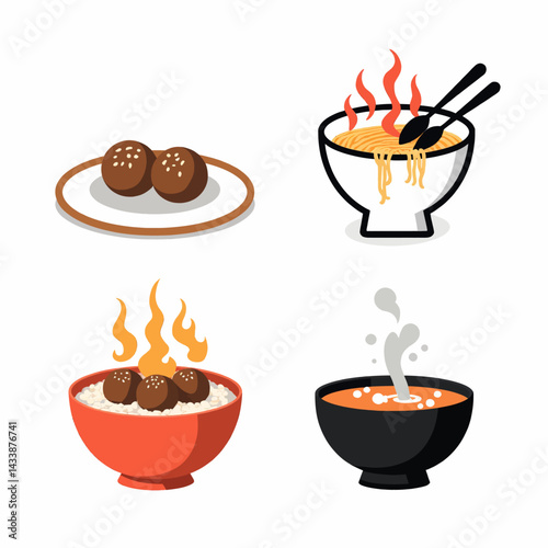 Cartoon Food Icons: Meatballs, Noodles, and Soup
