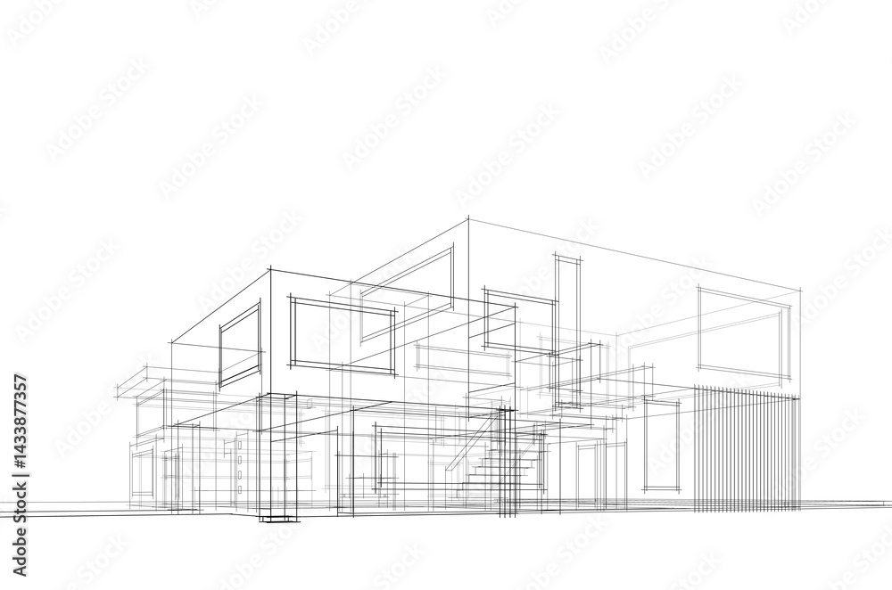Modern building architectural drawing 3d illustration Modern building architectural drawing 3d illustration