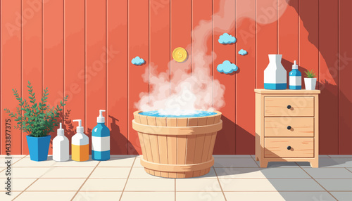 Cartoon Spa Scene with Steaming Wooden Tub and Bitcoin