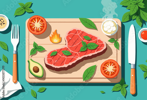 Cartoon Steak on Cutting Board with Tomato and Avocado