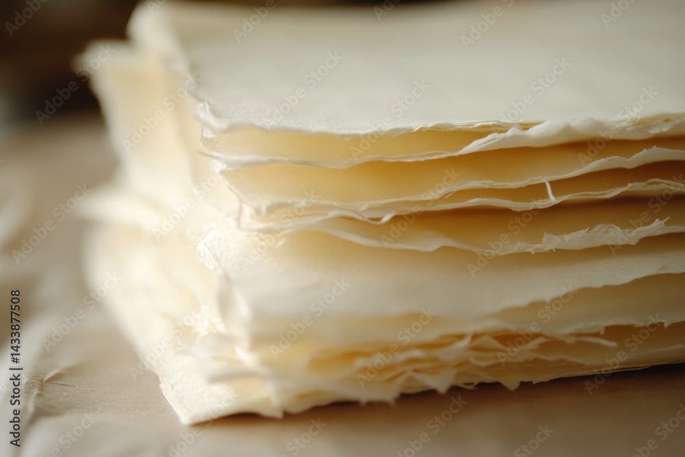Close-up view of stacked, off-white handmade paper sheets. Close-up view of stacked, off-white handmade paper sheets.