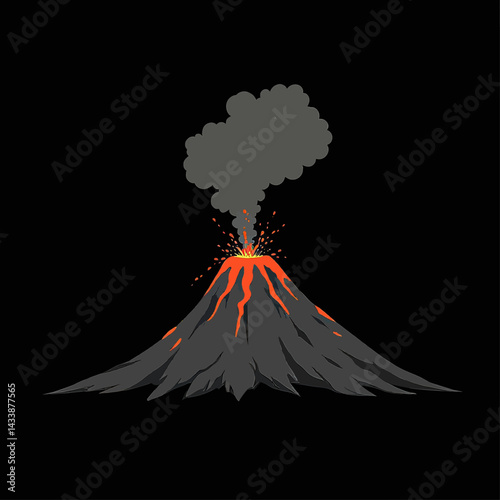 Cartoon volcano erupting with lava and smoke on black