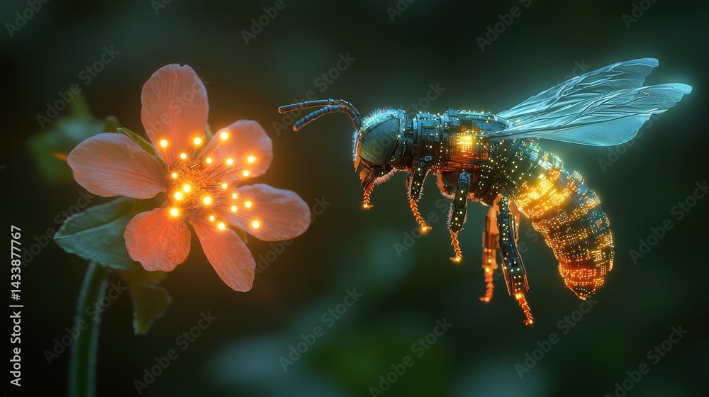 Naklejka premium A stunning close-up of a robotic bee facing a radiant, glowing flower in a dreamy, digital art.