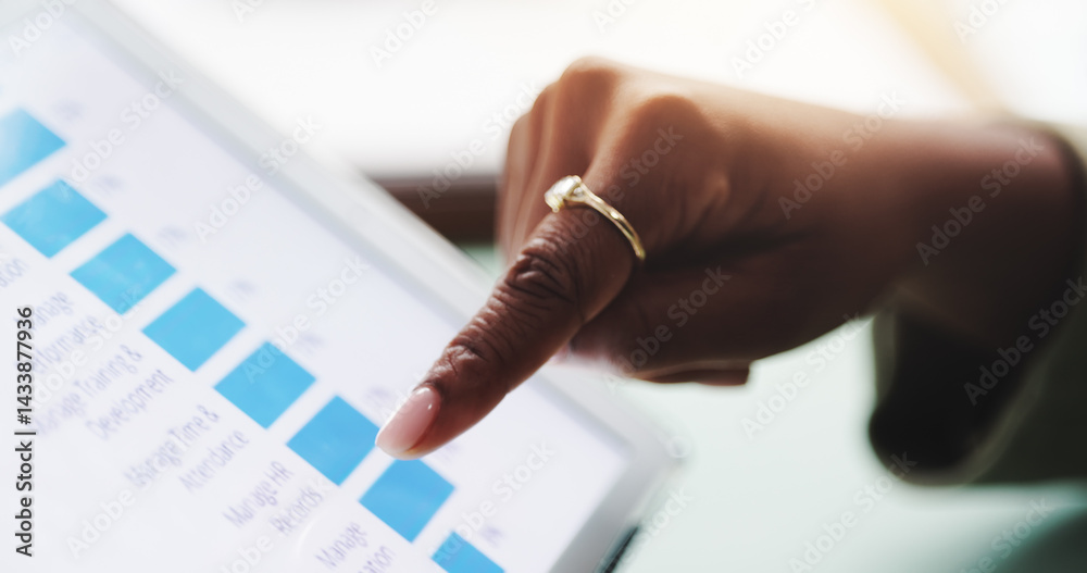 Statistics, screen and hands of person on tablet with graph, online data and information. Business, professional and closeup of worker on digital tech for report, finance review and profit analytics