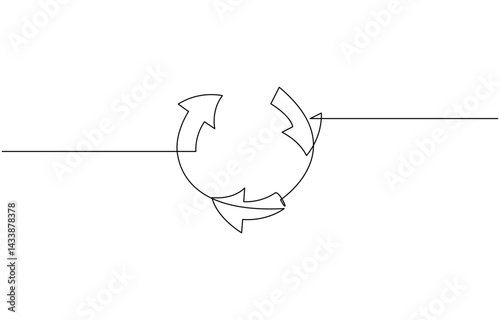 Continuous one line drawing recycling symbol. Recycling linear icon, Round frame with arrows, abstract vector continuous line drawing arrow icon. Premium vector illustration.