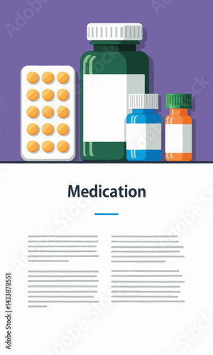 Colorful medication bottles and blister pack on a purple background