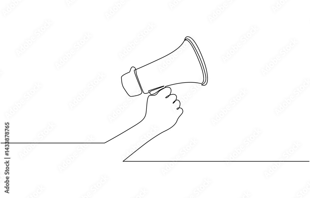 Continuous line drawing Holding by hand megaphone Speaker, One continuous single line drawing of hand hold a speaker megaphone isolated, Outline style Vector illustration. Continuous line drawing Holding by hand megaphone Speaker, One continuous single line drawing of hand hold a speaker megaphone isolated, Outline style Vector illustration.