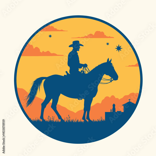 Cowboy silhouette on horse at sunset with mission church