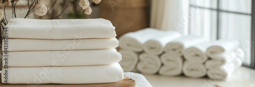 Obraz na płótnie cotton bed sheets folded in a natural and modern home w salonie