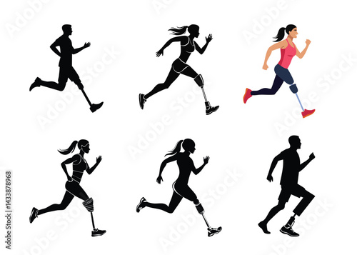 A set of running athletes and silhouettes of a Disabled Athlete with a Prosthetic Leg 
