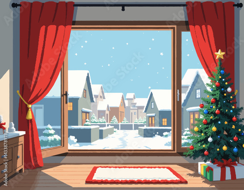 Cozy Christmas scene with snowy neighborhood view