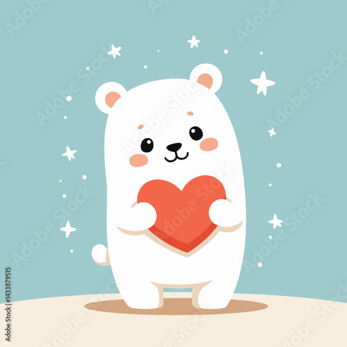 Cute polar bear holding a red heart with stars