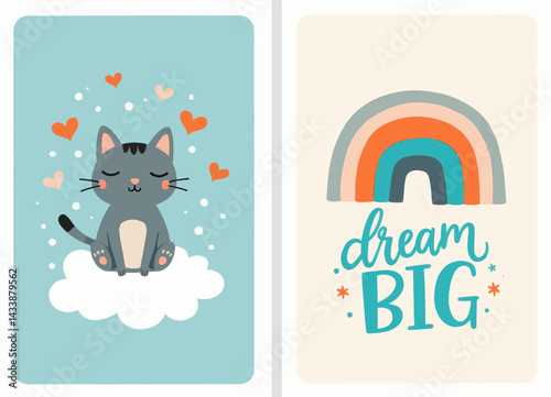 Cute Cat on Cloud with Hearts and Dream Big Rainbow Art