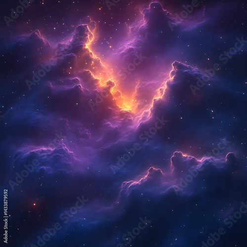 Cosmic nebula, vibrant hues of purple and gold, starlit expanse