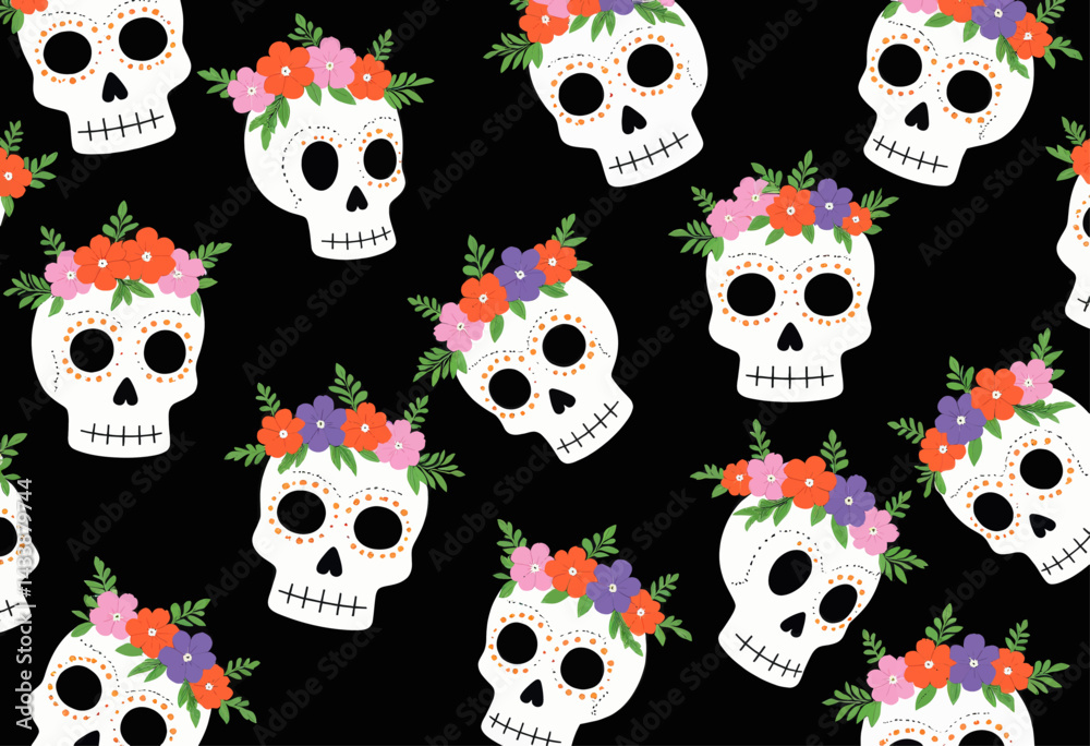 Fototapeta premium Day of the Dead sugar skulls with flowers pattern on black