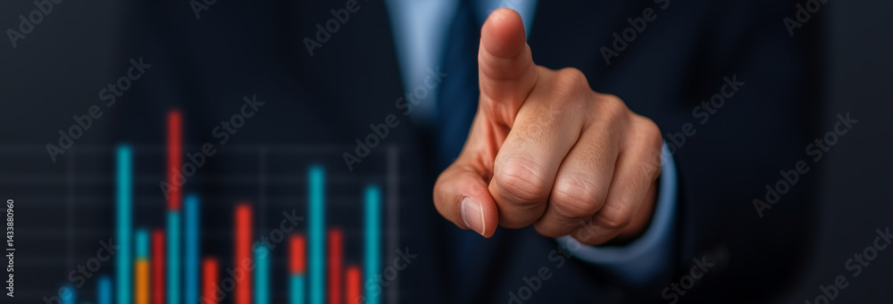 Realistic scene of a business leader pointing at a marketing solution chart, high-resolution details in a professional setting.