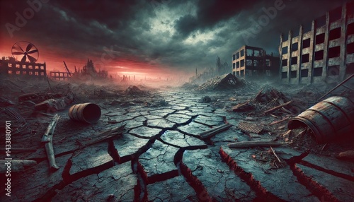 Destroyed city with cracked ground, collapsed buildings, broken barrels and debris under dark cloudy sky with red sunset. photo