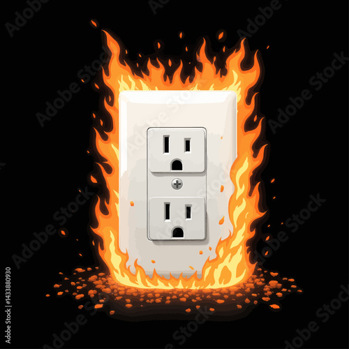 Electrical Outlet Engulfed in Flames on Black