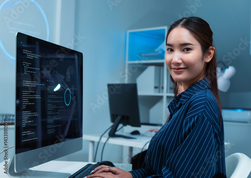 Portrait of smiling asian female programmer and software developer working on desktop computer writing code, learning data algorithm looking at screen sitting at desk in software development office.