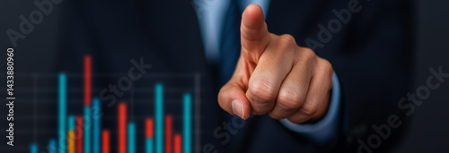 Realistic scene of a business leader pointing at a marketing solution chart, high-resolution details in a professional setting.
