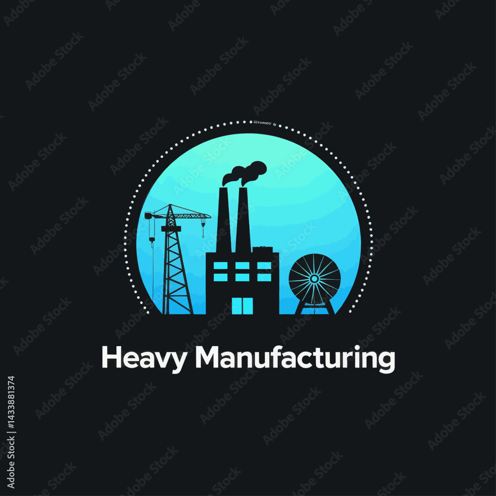 Factory Silhouette with Crane and Cog in Blue Circle Factory Silhouette with Crane and Cog in Blue Circle