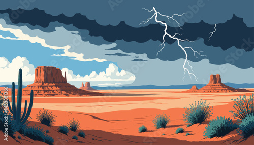 Desert Landscape with Buttes and Lightning Storm