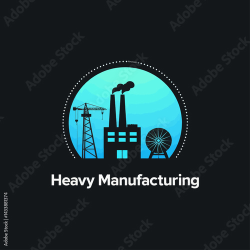 Factory Silhouette with Crane and Cog in Blue Circle