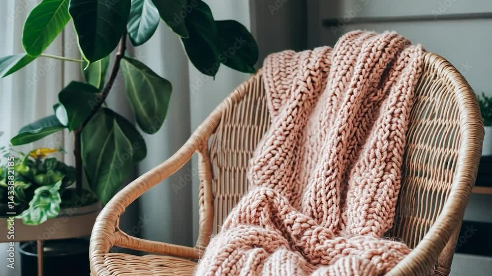 Cozy pink blanket on wicker chair, indoor plants