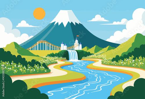 Fantasy Landscape with Castle, Waterfall, and Rollercoaster