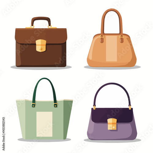 Four stylish bags: briefcase, handbag, tote, and purse