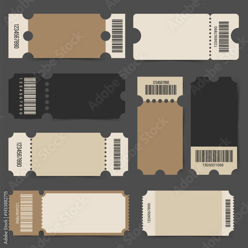 Set of realistic blank mockup for ticket, coupon, voucher, boarding airplane, theatre or cinema seats. Vector designe template