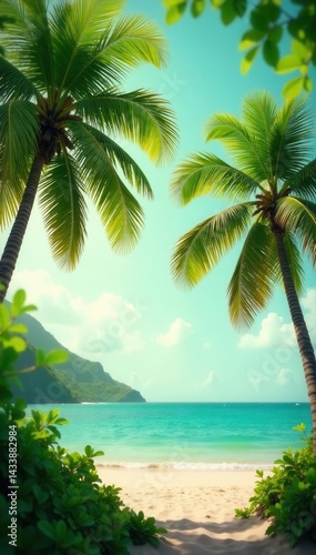 Soft focus green bokeh, coconut palms near ocean, nature, coconut trees, illustration