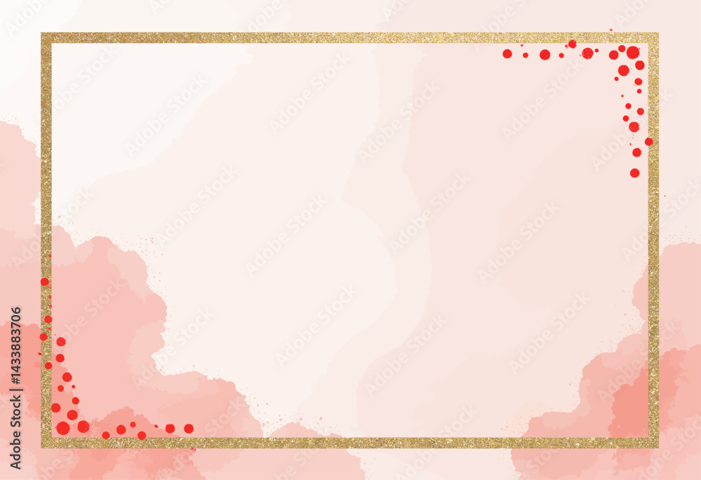 Gold frame with red dots and coral watercolor texture