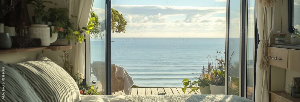 A luxurious caravan on a coastal campsite, patio doors open to reveal a sun-drenched deck