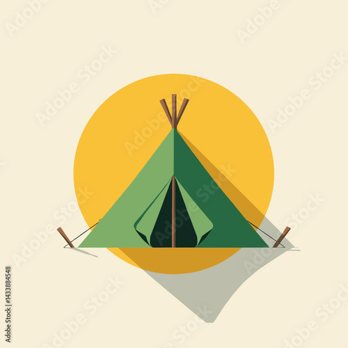 Green camping tent with yellow sun graphic design
