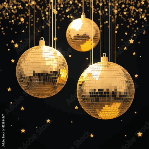 Golden disco balls hang with star confetti on black