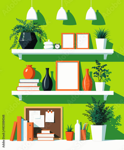 Green Wall Shelves with Plants and Decor