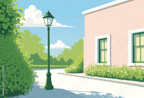 Green Lamp Post by Pink Brick Building on Sunny Day