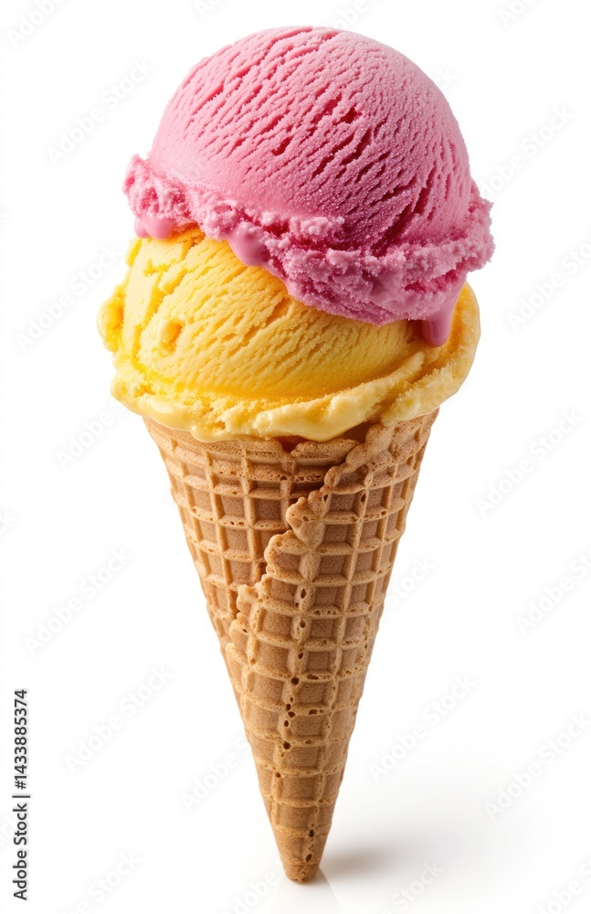 Colorful Ice Cream Cone with Pink and Yellow Scoops on a White Background Colorful Ice Cream Cone with Pink and Yellow Scoops on a White Background